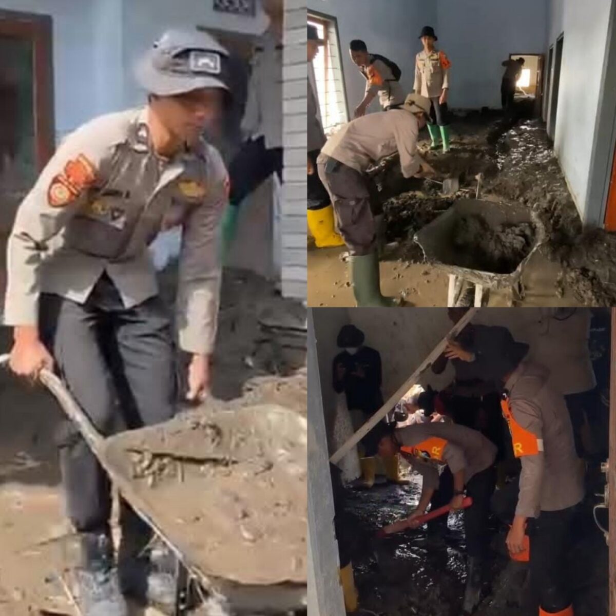 Polisi Bersihkan Rumah Warga Terdampak Erupsi Semeru di Dusun Sumbersari Lumajang.