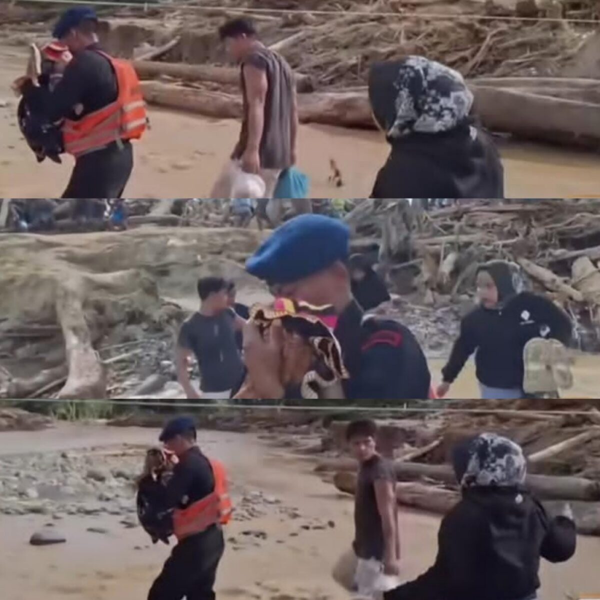 Aksi Heroik Brimob Gendong Bayi Seberangi Jembatan Nyaris Roboh di Tapanuli Selatan.