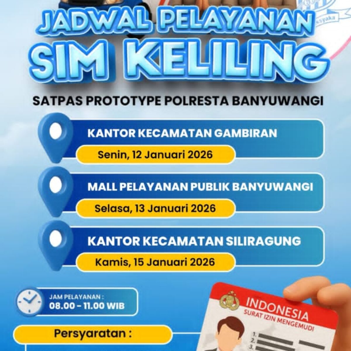Satlantas Polresta Banyuwangi Umumkan Jadwal Layanan SIM Keliling Januari 2026.