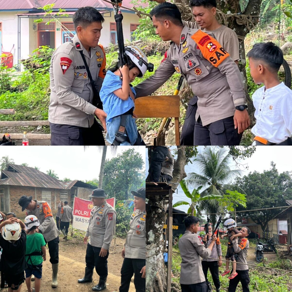 Trauma Healing Polri Hadirkan Flying Fox untuk Kembalikan Senyum Anak-Anak Terdampak Bencana di Kayu Pasak.