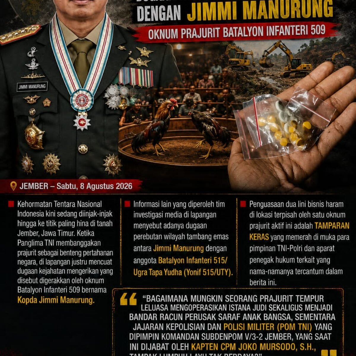 Kehormatan Militer Dipertanyakan: Panglima TNI Diminta Usut Dugaan Judi dan Peredaran Okerbaya di Jember