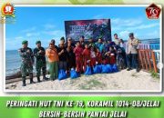 Peringati HUT TNI ke-79, Koramil 1014-08/Jelai Bersih-bersih Pantai Jelai