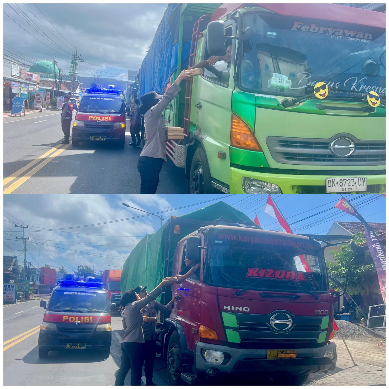 Polresta Banyuwangi Peduli; Bagikan Nasi Kotak kepada Sopir yang Antre di Jalur Ketapang