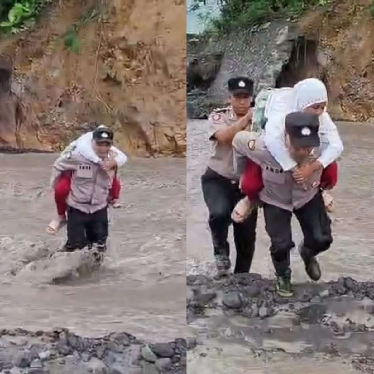 Aksi Heroik Polisi di Lumajang Gendong Siswa SD Seberangi Lahar Dingin Semeru