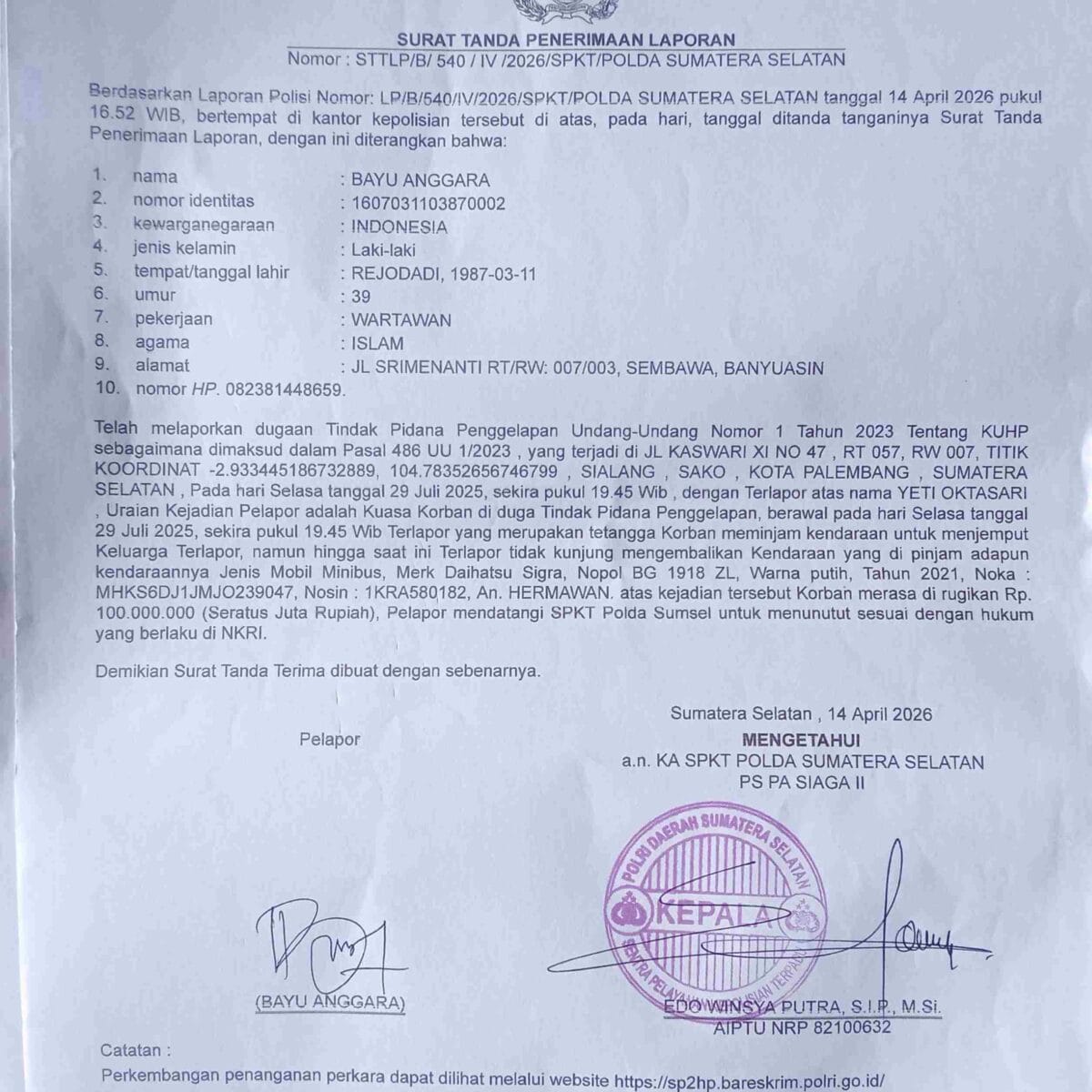 Mobil Dipinjam Tak Kembali, Wanita di Palembang Dilaporkan ke Polda Sumsel atas Dugaan Penggelapan